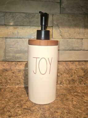 Rae Dunn Joy Ceramic Soap Dispenser in Cream with Black Pump and Wood-Style Top